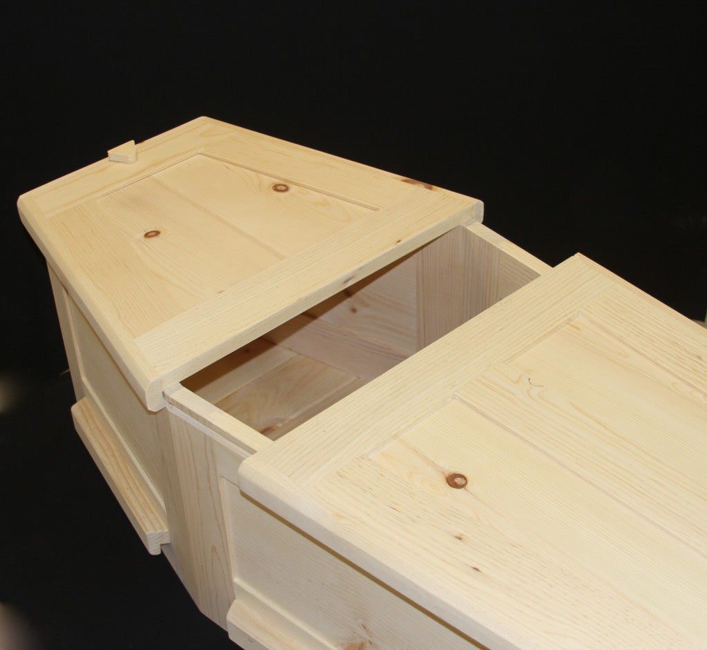Wooden Coffin Slightly Opened to Show Functionality  